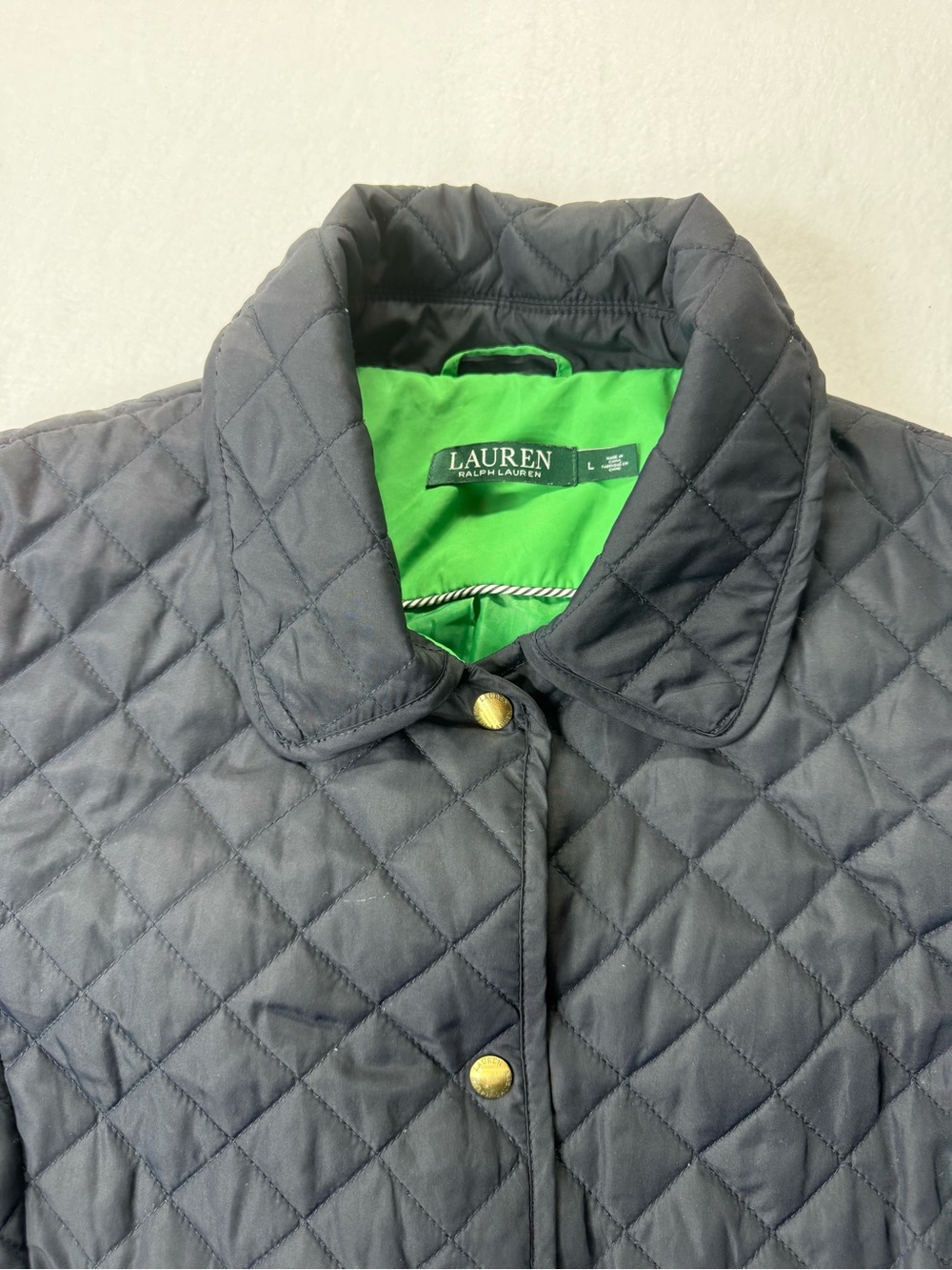 Lauren Ralph Lauren Women’s Large Black Quilted Jacket Green Lining Gold Snap - Picture 8 of 13